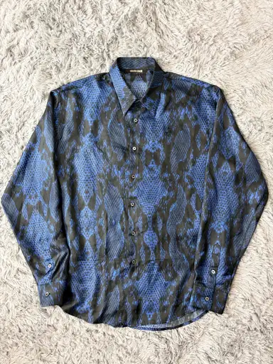 Roberto Cavalli 2023 Silk Python Print Blue Shirt - L