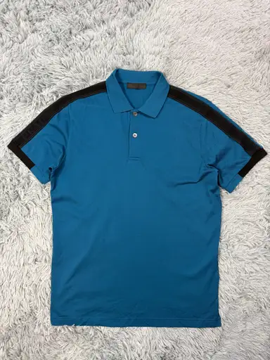 Prada 2020 Big Spellout Logo Teal Blue Taped Polo Shirt - M