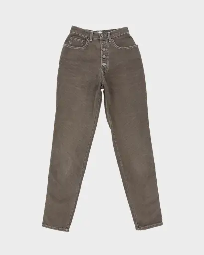 Vintage 1990s Moschino Jeans Women's Hardwood Brown High Rise Contrast Stitch Skinny Fit Corduroy Trousers - W24 L30
