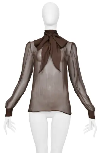 SAINT LAURENT PARIS BROWN SHEER TOP WITH ATTACHED TIE