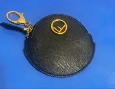 FENDI Round Coin Case Black Logo Key Ring Coin Purse Excellent gift