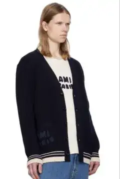 アミパリス Ami Paris カレッジリブウール カーディガン　ネイビー　XS