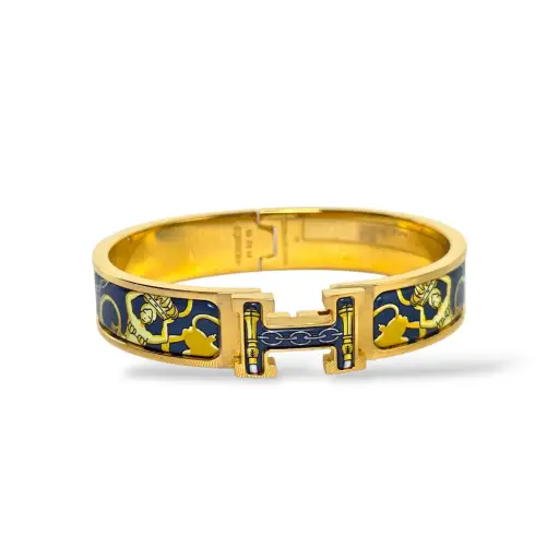 Clic Clac H Printed Enamel Bracelet in Blue & Gold