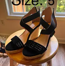 Women’s Black Wedge Heel Sandals Ankle Strap Open Toe Buckle Size 5