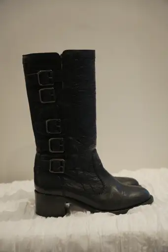 Chanel Black Pebble Leather with Side Buckles Motorcycle Boots Sz35.5