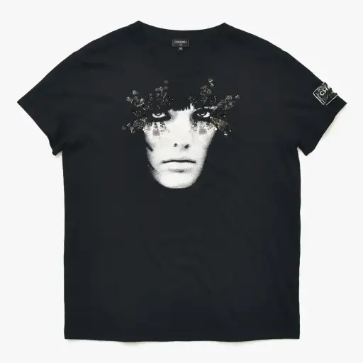 極美品 CHANEL シャネル FACE PRINT フェイスプリント スパンコール ビジュー装飾 P72144K10357 コットン ブラック サイズXL 中古 4a008660