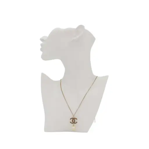 CHANEL B13C Black Enamel Double CC Faux Pearl Pendant Necklace [Used]