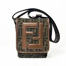 Fendi Zucca Flap Crossbody Bag Brown Black Canvas Leather 7VA155 Unisex Small