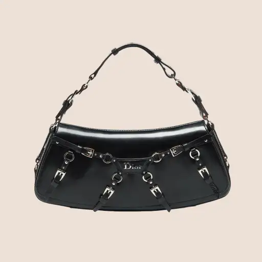 CHRISTIAN DIOR 2003 BLACK LEATHER BONDAGE BAG