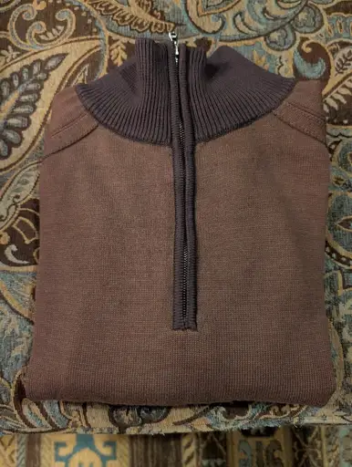 Men's Vuja De Frank Structured Brown Knit 1/4 Zip Sweater 85% Cotton 15% Cashmer
