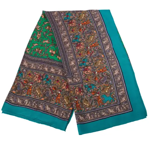 Hermès “Chasse en Inde” Green Cashmere & Silk Shawl 140 - '10s