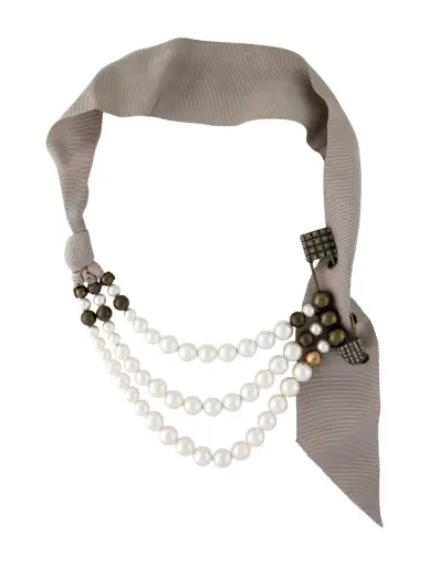 Faux Pearl & Crystal Safety Pin Ribbon Multistrand Collar Necklace