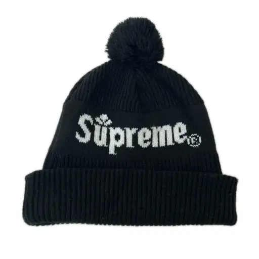 キャップ SUPREME ボンボンニット 黒 ロゴ白 ブラック