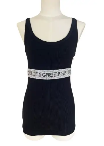 Vintage Dolce & Gabbana Rhinestone Logo Tank Top | Y2K Black Ribbed Cotton Cami | 2003 Archive
