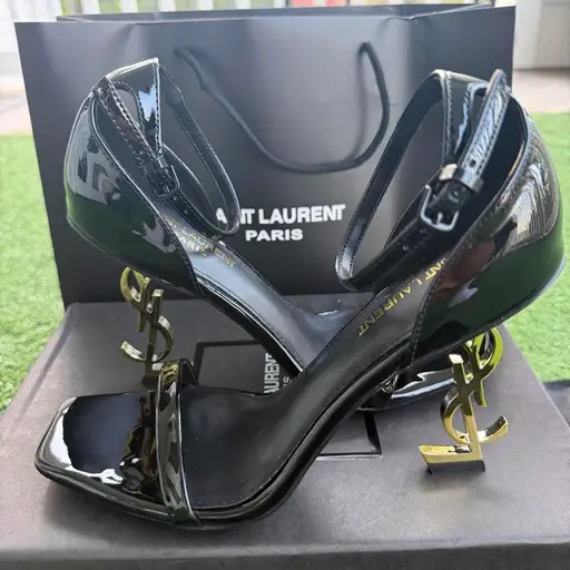 Saint Laurent Paris black heels with gold YSL logo