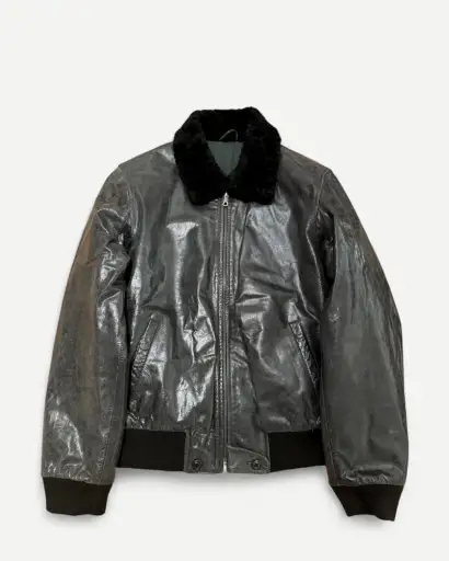 AW02 Oiled Cracked Leather Shearling Collar Flight Jacket