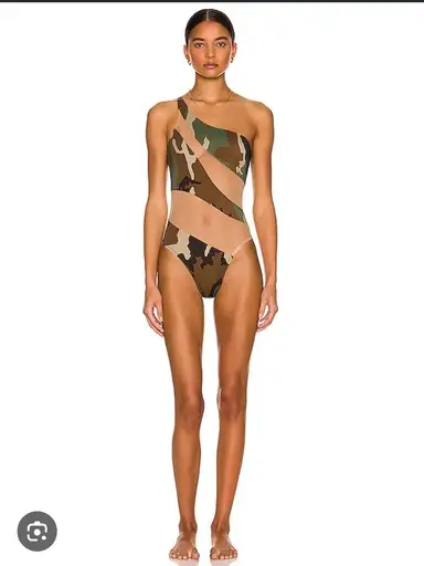 Norma Kamali One-Shoulder Camo Cutout One-Piece Swimsuit - Green/Brown/Tan
