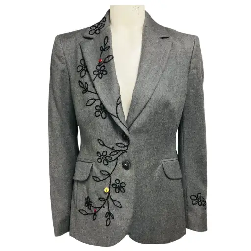 Moschino Cheap and Chic Grey / Black Floral Embroidered Wool Blazer with Ladybug Embellishments