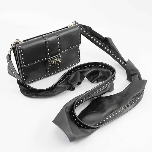 Valentino - Valentino Garavani Black Leather Rockstud Ruffle Strap Crossbody Bag/Clutch - Handbag