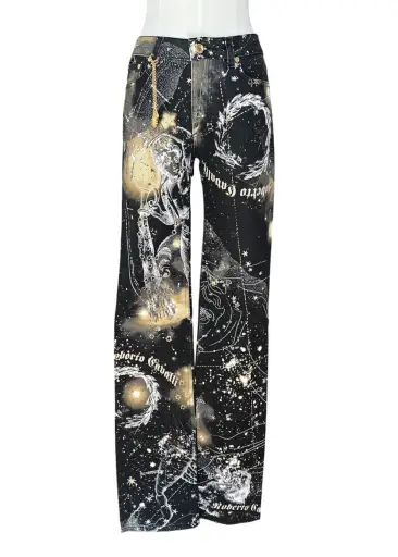 Roberto CavalliFW2003 Astrology Constellation Print Jeans | Vintage Y2K Pants with Gold Charms | Archive Designer Denim