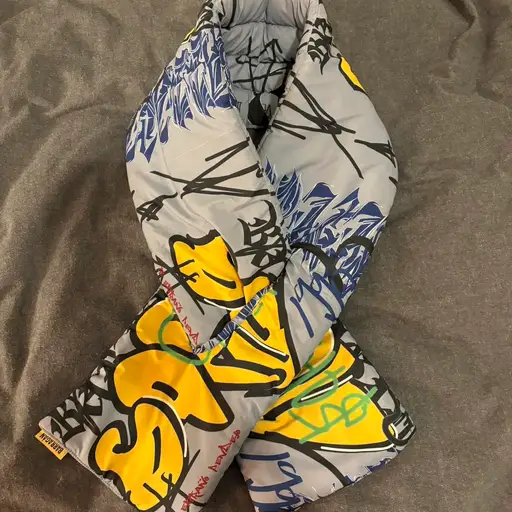 Barragan graffiti puffer scarf from AW18 

graffiti print, puffer scarf, graphic design, urban style, oversized, streetwear, yellow accents, textile accessory, winter fashion, AW18

#barragan #ottolinger #margiela #perksandmini