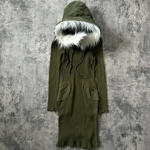 AW10 Runway “White Fur” Detachable Hood Ribbed-Knit Dress