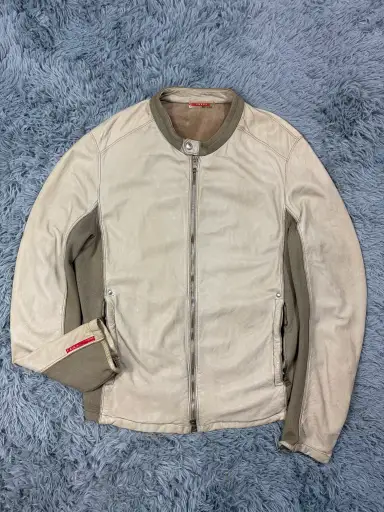 Prada Sport 2004 Cream Leather + Cotton Panelled Biker Jacket - M