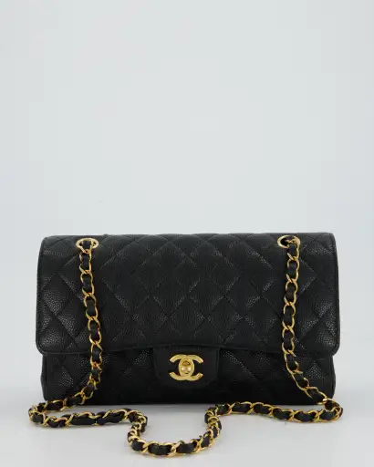 Chanel Black Classic Medium Double Flap Bag in Caviar Leather with Gold Hardware