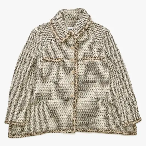 新品同様 CHANEL シャネル ココマークボタン ツイード ステンカラーコート P59951V45402 ホワイト ブラック ブラウン サイズ48 中古 4a008692