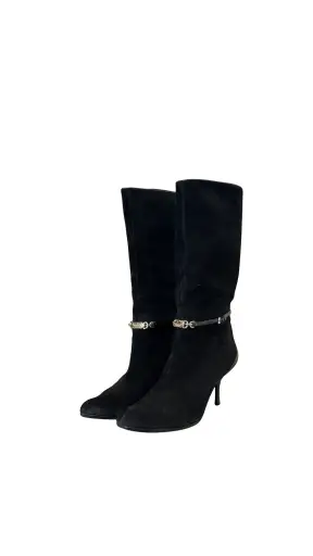 Gucci by Tom Ford Vintage Black Suede Horsebit Ankle Strap Mid Calf Stiletto Boots Shoes Size 39