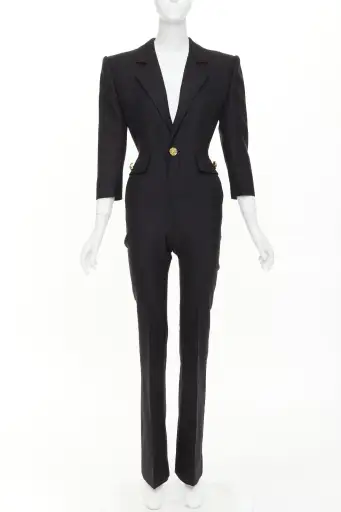 SAINT LAURENT 2022 black wool padded shoulder lapel blazer jumpsuit FR34 XS