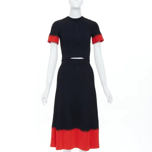 ALEXANDER MCQUEEN 2018 black red chevron bicolor rib knit crop top skirt set XS