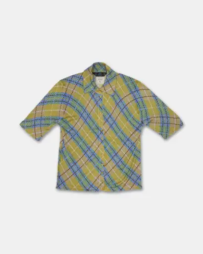 John Galliano FW2000 Checkered Cashmere Short Sleeve Knit Blouse Top Yellow Blue