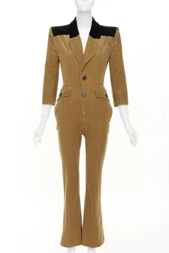 SAINT LAURENT 2022 Runway peak lapel brown cotton corduroy black jumpsuit FR34