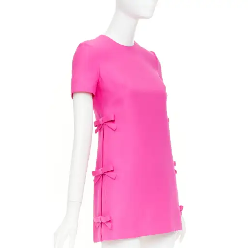 VALENTINO 2022 Runway PP Pink wool silk bow embellishment crew mini dress IT36