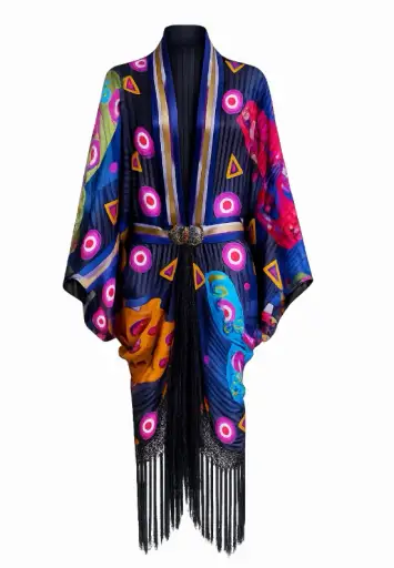 MORPHEW ATELIER Navy Blue Butterfly Print  Silk Yves Saint Laurent Cocoon With Antique Clasp and Spaniard Fringe