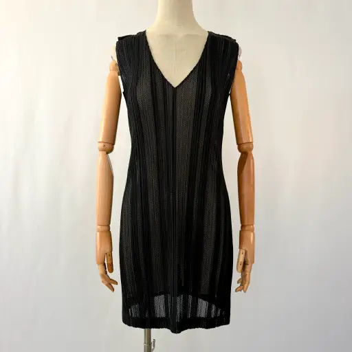 Pleats Please Issey Miyake Black Openwork Pleated  New Tunic Mini Dress