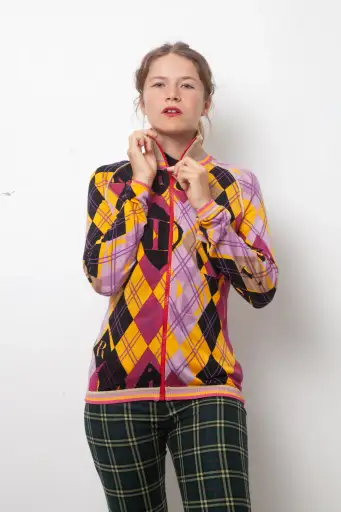 Christian Dior SS 2005 argyle zipper cardigan in yellow purple and black