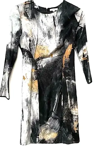 HELMUT LANG. GRAY & GOLD ABSTRACT ART DRESS LONG SLEEVES