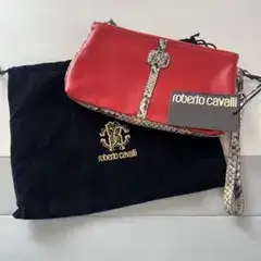 【新品未使用】roberto cavalli ポーチ レッド パイソン柄