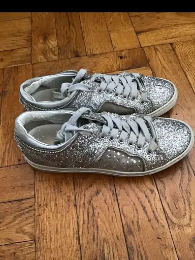 Alessandro Dell’ Acqua Size 6/36 Leather Solid Silver Glitter Lace-up Sneakers