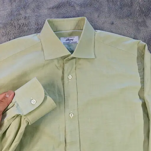 Brioni Dress Shirt Men 16.5 Green Solid Luxury Italian Designer Classic Preppy