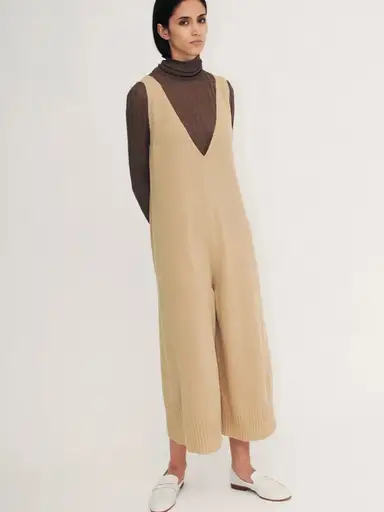 Small Duarte Knit Wide-Leg V-Neck Jumpsuit in Beige