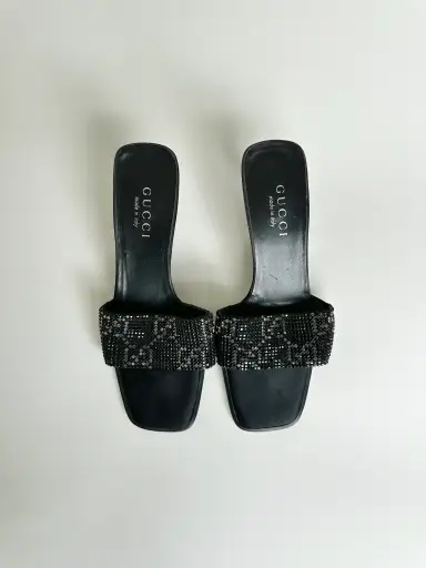 Gucci S/S 1998 Black Crystal Monogram Sandals 37