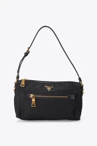 Vintage Prada Black Nylon Shoulder Bag With Gold Hardware