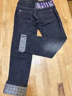 デニム パンツ ブラック パープル刺繍