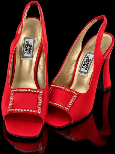GIANNI VERSACE 1996 Archive Red Satin Crystal Buckle Slingback Heels
