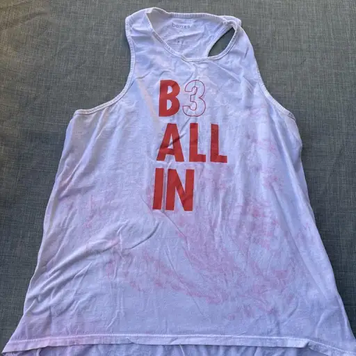 Barragán Women's Pink and White Vests-tanks-cami

Barr3– B3 white & pink tie-dye tank top with red text reading 'B3 ALL IN' #tiedye #activewear #barre