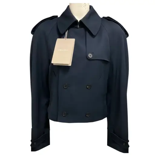 McQueen Navy Blue Double Breasted Cropped Trench Jacket
