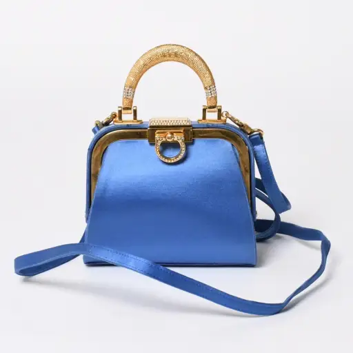 Christian Dior ディオール ヴィンテージ ミニがま口バッグ サテン カバン ブルー ゴールド 美品 中古 4a008555